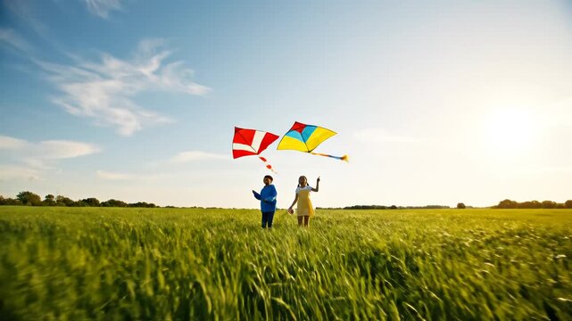 Children flying kites in a field