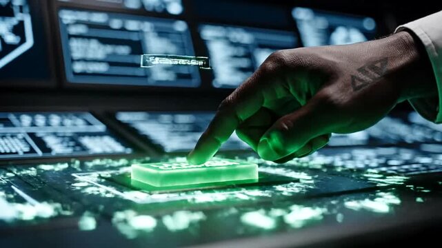 Close-up of a hand pressing a glowing red button on a control panel
