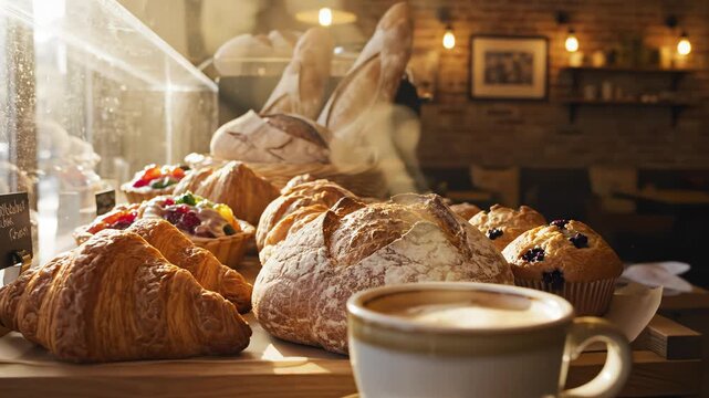 Fresh baked pastries and bread on display