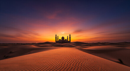 Majestic desert mosque at vibrant sunset with crescent moon