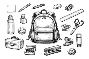 Hand-drawn school supplies: backpack, stationery, and essentials for students