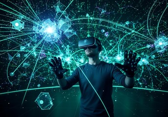 Individual explores immersive digital reality using head mounted display and specialized input gloves