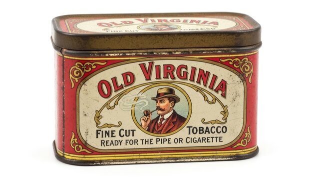 Vintage red and gold tin container for Old Virginia fine cut tobacco on a white