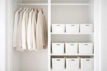 白を基調としたミニマル住宅の整理整頓されたクローゼット｜ノイズのない上質な暮らし