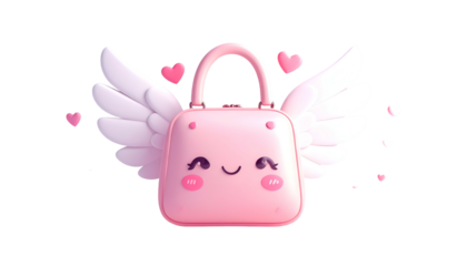 A pink cartoon handbag with wings and a smiling face, surrounded by hearts
