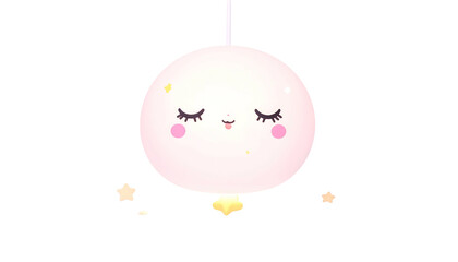 A cute, light pink, cartoon-like sphere with closed eyes and stars, hanging from a thread