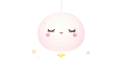 A cute, light pink, cartoon-like sphere with closed eyes and stars, hanging from a thread