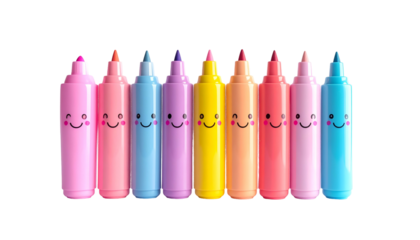 Row of vibrant, smiling markers in pastel hues, arranged on black background
