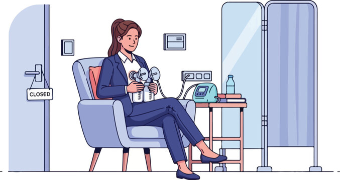 Working mother discreetly pumps breast milk in a private office setting, emphasizing workplace support and work-life balance for professional women juggling career and childcare