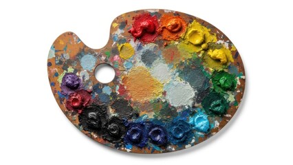 Close-up of a paint palette with colorful paints on a white background.