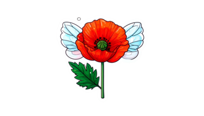 A vibrant red poppy with delicate wings, green leaves, and a thin stem on a black background