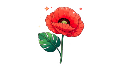 Vector illustration of a vibrant red poppy flower with a green tropical leaf on black background
