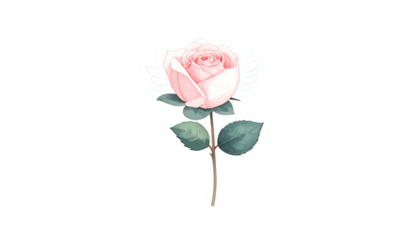 Digitally rendered watercolor-style pink rose blossom with stem and leaves, black background