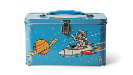 Vintage-style blue lunchbox with astronaut riding rocket ship and planets.