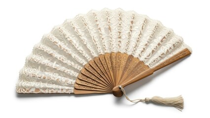 A traditional handheld fan with a wooden handle and tassel on a white background.