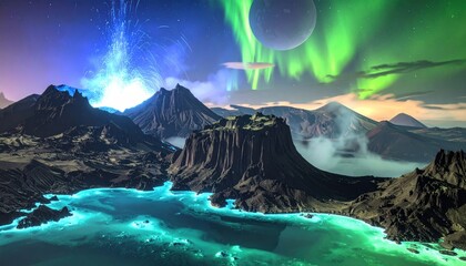 Alien Planet Landscape with Aurora and Glowing Water.