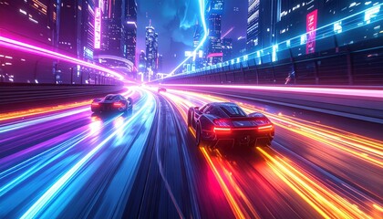 Futuristic Cyberpunk Cityscape with Speeding Cars on a Neon Highway.