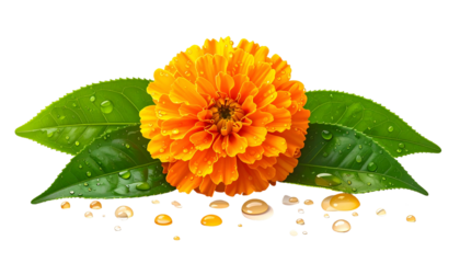 Vivid orange flower with green leaves, glistening water droplets on a transparent background