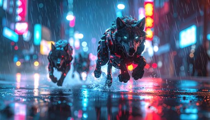 Cyberpunk Wolves Running Through Neon City Streets at Night.