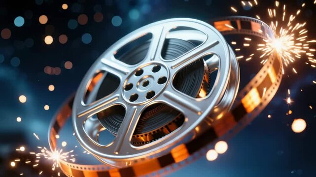Cinematic silver film reel with rotating movie strip and glowing sparks on dark bokeh background