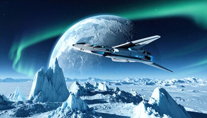 Futuristic Aircraft Flying Over Frozen Landscape with Aurora Borealis.