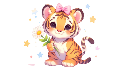 Adorable cartoon tiger cub with a daisy and pink bow, surrounded by colorful stars