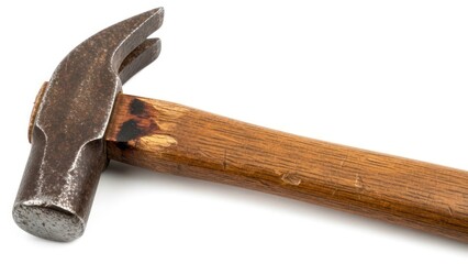 Close-up of a worn claw hammer with a wooden handle on a white background.