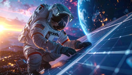 Astronaut Climbing Solar Panel in Space with Earth in the Background.