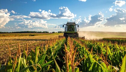 Combine harvester working in a cornfield during sunset.