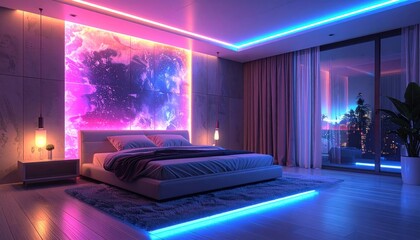Futuristic Bedroom with Neon Lighting and Modern Design Elements.