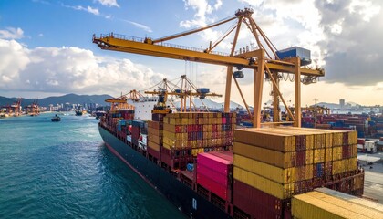 Container Ship Being Loaded with Cargo at a Busy Port with Cranes and Blue Sky.