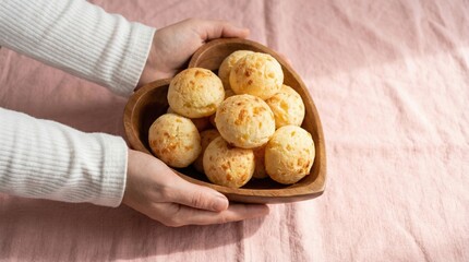 Hands holding a heart-shaped wooden bowl filled with delicious Brazilian cheese bread.