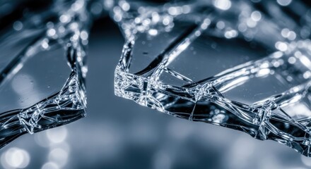 Extreme close-up shattered glass surface with sharp edges bright bokeh lights, for fragility, damage, crisis, breakthrough, difficult decision
