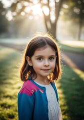Young female child stands outdoors bathed in bright morning sunlight with atmospheric backlighting