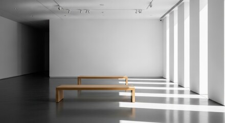 Minimalist modern art gallery interior space with empty white walls, two simple wooden benches, dramatic parallel sunlight shadows on dark polished floor, for contemplation design
