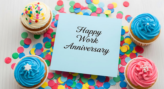 Four frosted cupcakes with confetti and a happy work anniversary card image