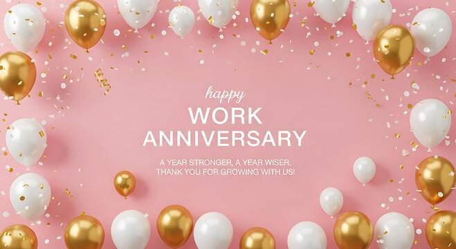 Gold and white balloons and confetti on pink background celebrating work anniversary image
