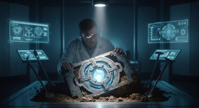 Man archaeologist examines an ancient artifact unearthed from the ground emitting a mysterious blue glow, exploring scientific discovery and alien technology.