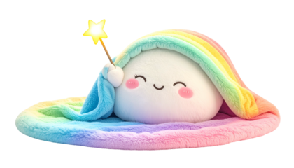 Smiling cloud-like character with rainbow blanket & a wand, kawaii aesthetic