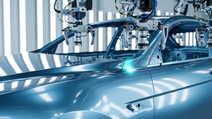 Robotic arms precisely welding assembling body shell modern blue automobile on automated factory production line, for advanced manufacturing future engineering