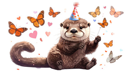 Adorable otter celebrating with butterflies and hearts, wearing a party hat