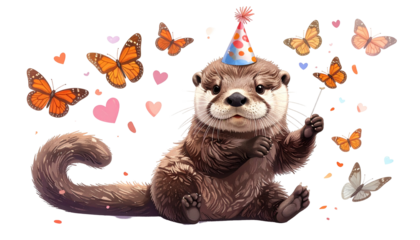 Adorable otter celebrating with butterflies and hearts, wearing a party hat