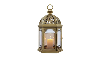 Ornate Brass Lantern with Burning Candle