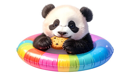 Adorable panda bear floating in rainbow tube, eating cookie. Clear background