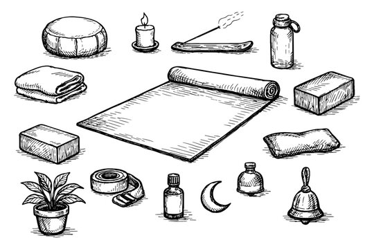 Hand-drawn yoga accessories sketch with mat, blocks, and essential items