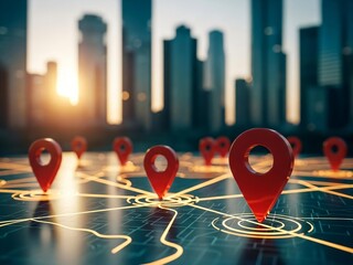 City map with glowing red location pins and urban skyline