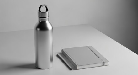 Sleek metal water bottle closed grey notebook with black pencil on minimalist white desk surface, for productivity, hydration, essential office supplies