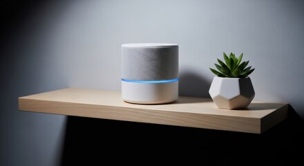 Smart home voice assistant speaker with glowing blue light ring standing next to small succulent plant on wooden shelf, for modern technology integration digital convenience