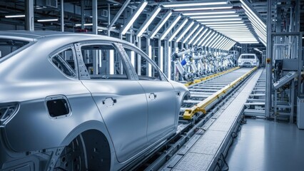 Unpainted automobile chassis moving along automated conveyor belt in modern, brightly lit automotive factory assembly line for industry