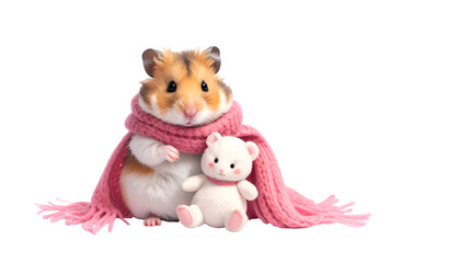 A hamster, cozy in a pink scarf, sits with a plush teddy bear against a black backdrop